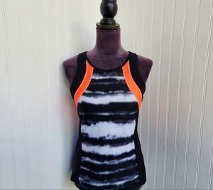 Athleta Womens 2-in-1 Streamline Tri Tank Top Sports Bra Black Orange Pockets M